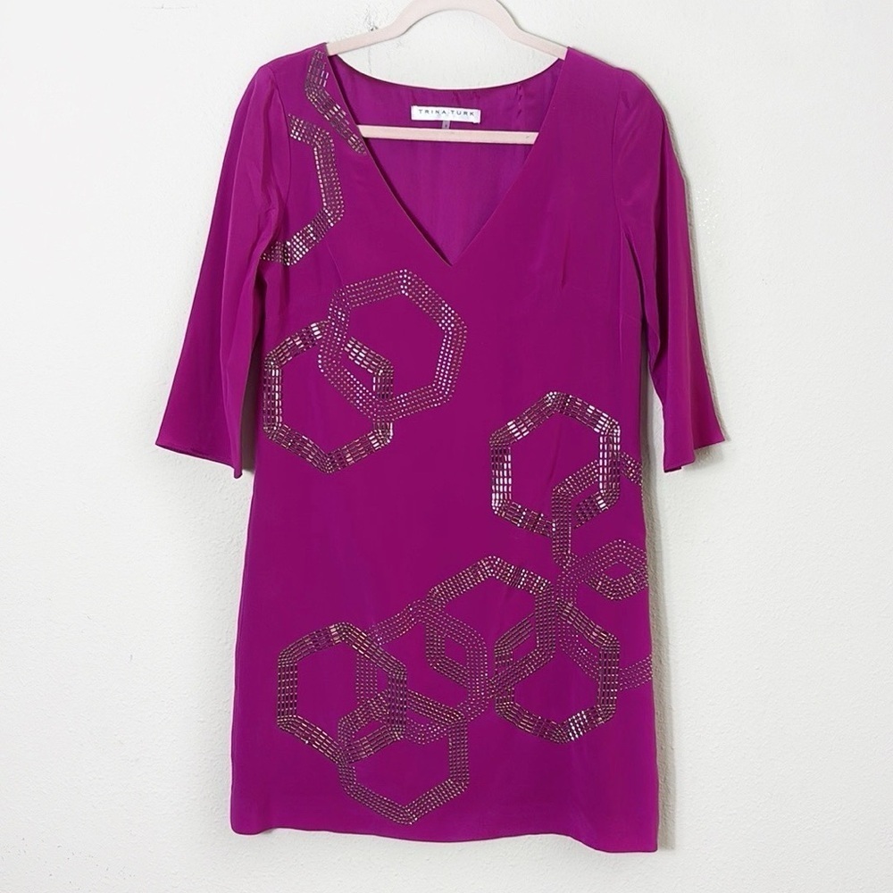 Trina Turk 100% Silk Boysenberry Glitterati Beaded dress magenta size 0